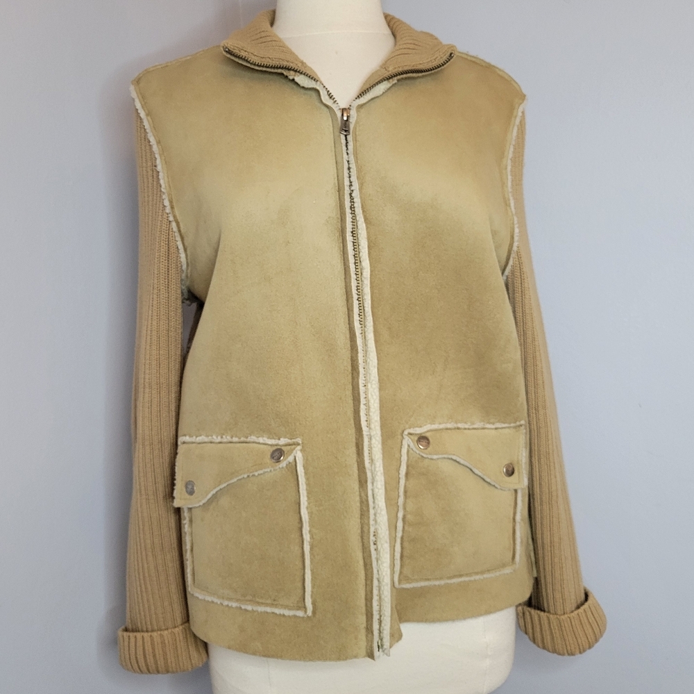 Women's Vintage Ralph Lauren Camel Sheepskin Jacket Rib Knit Zip Sweater Large